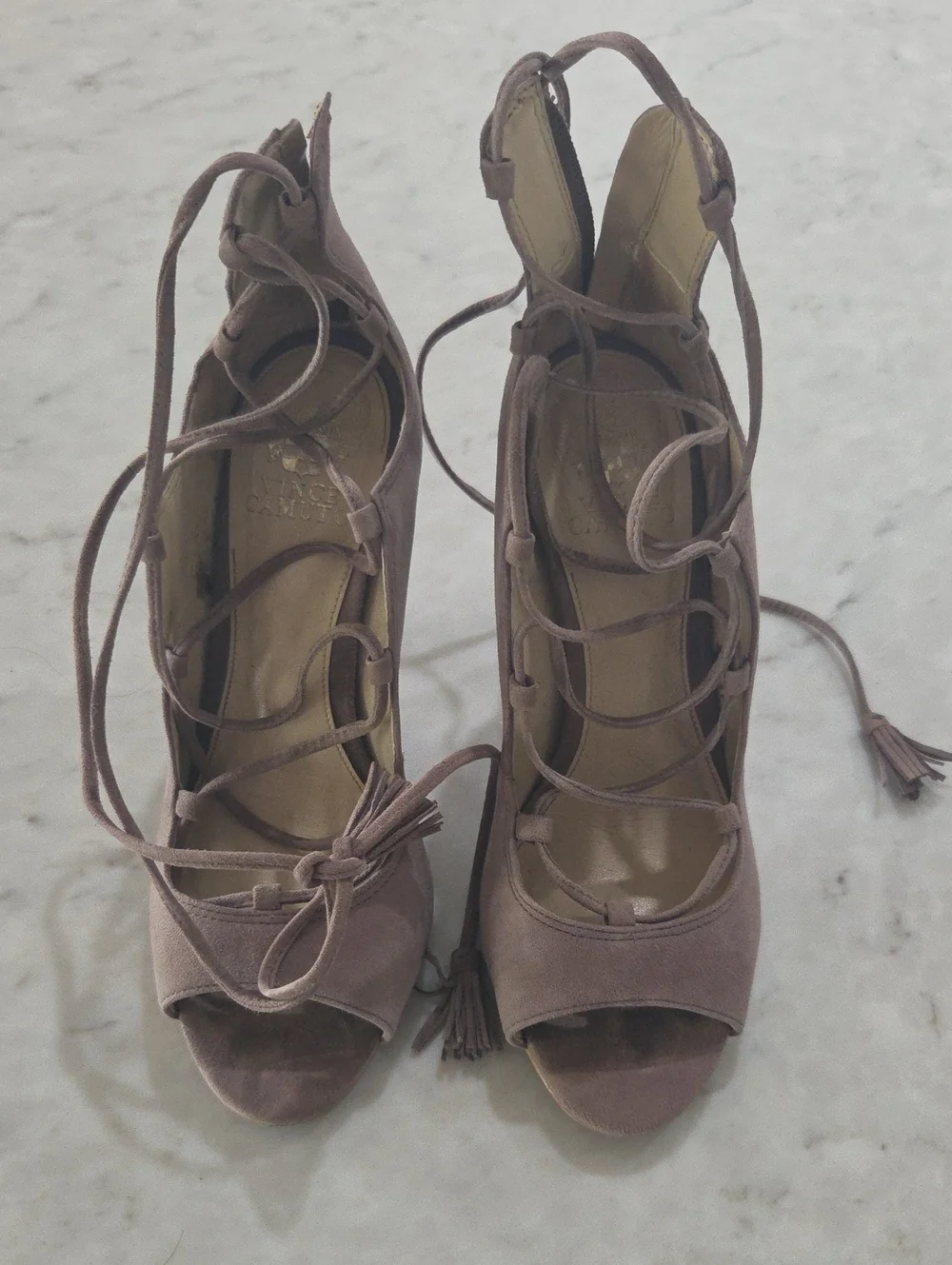 Vince Camuto Lace-Up Peep Toe Block Heel Sandals in Mauve